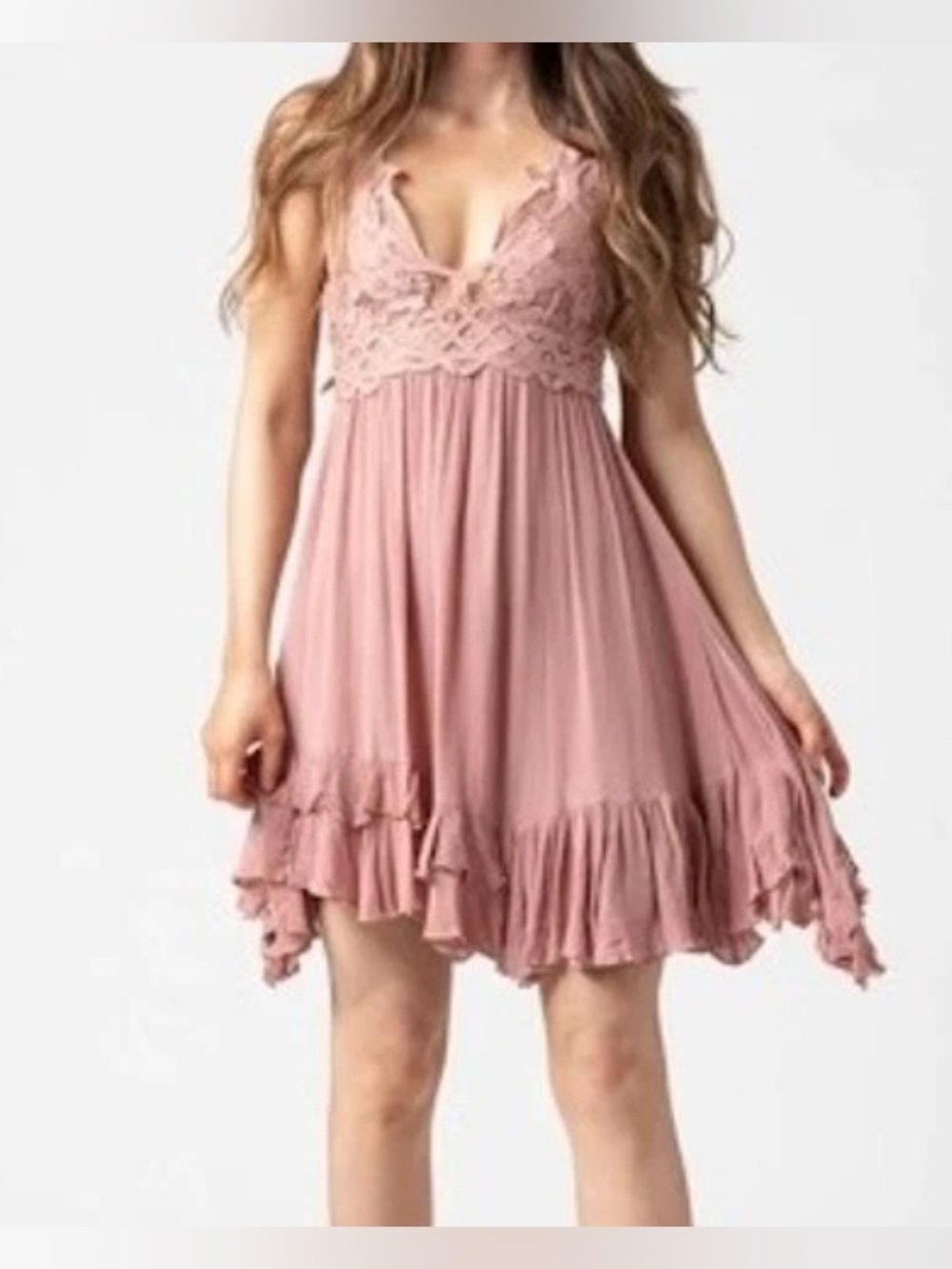 Free People Adela Dusty Rose Lace-Trim Mini Dress Size Medium - Picture 4 of 6